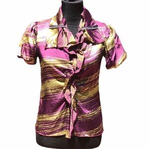 Daniela Corte Purple Print Silk Ruffle Blouse